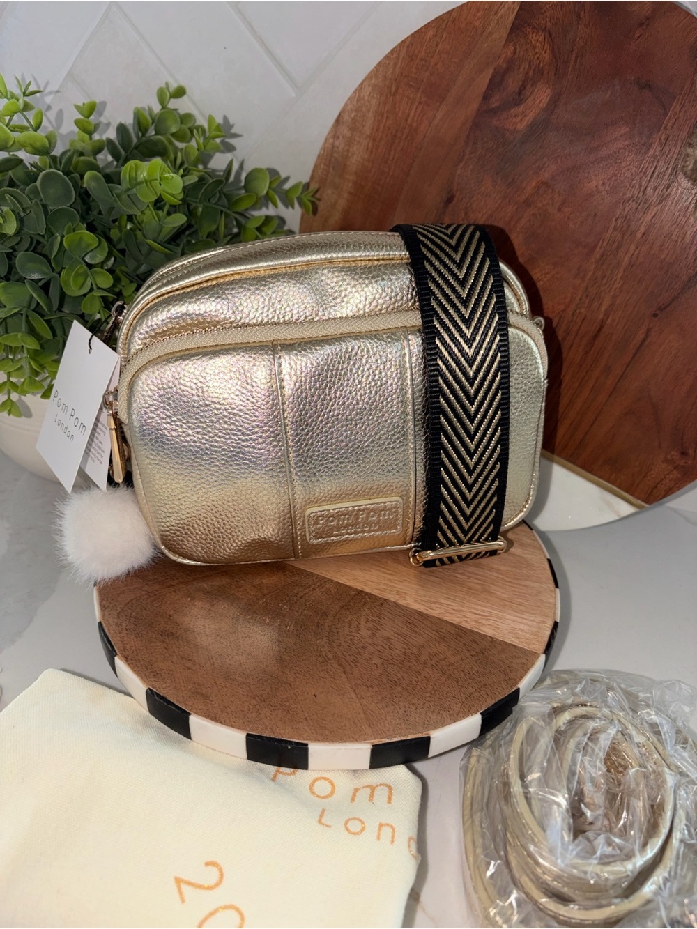 Pom Pom London metallic gold original Crossbody Bag purse bundle NWT - Picture 2 of 7